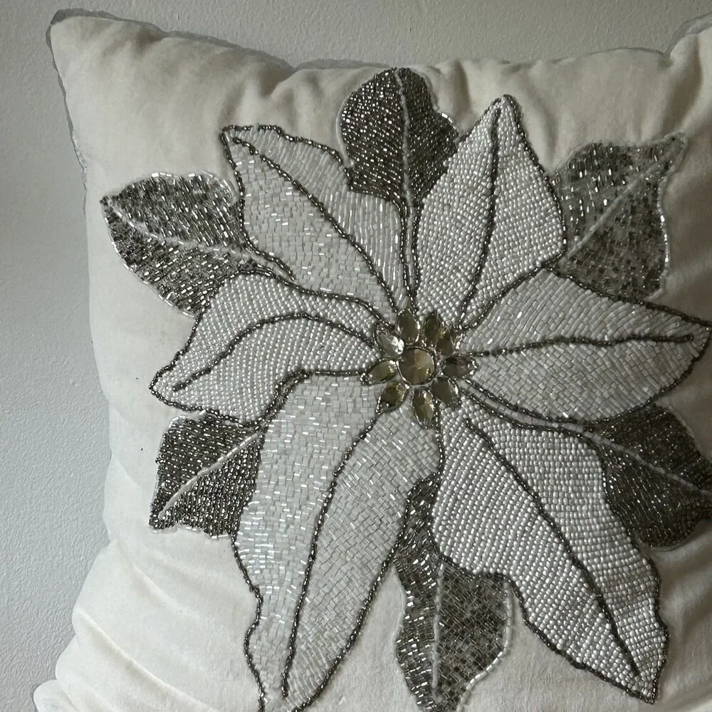 Pier 1 Imports Pillow Beaded Rhinestone Snowflake Decorative Throw Silver White